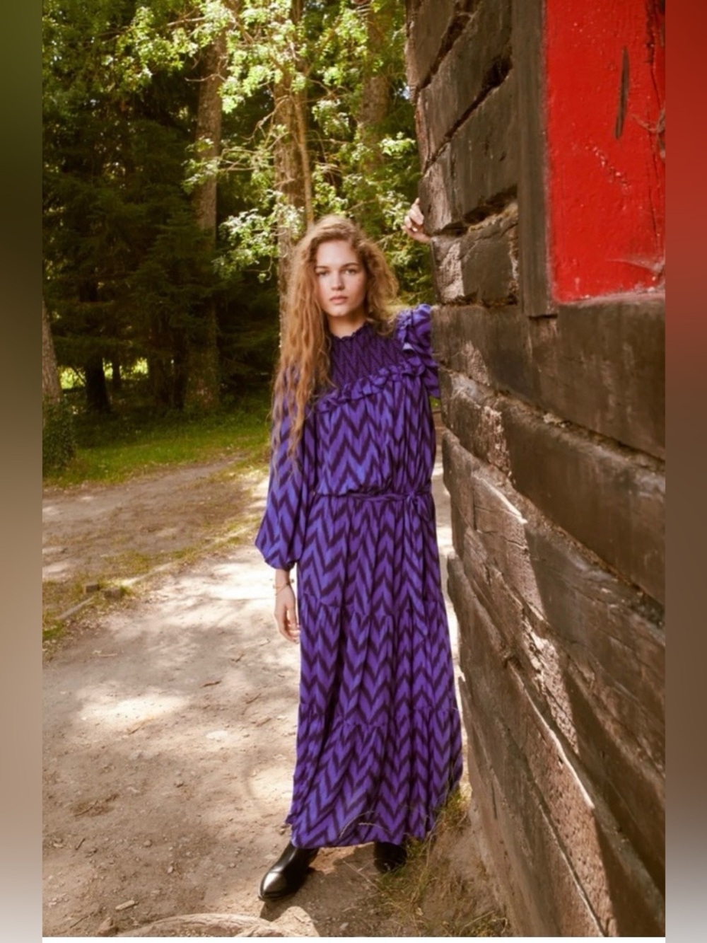 Sonmer NWT Alice Blue Zig Zag Organic Cotton Smocked Tiered Boho Maxi Dress M
